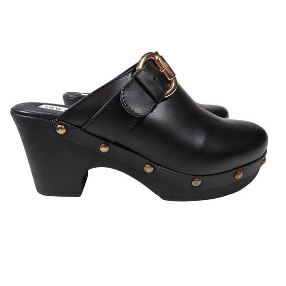 Steve Madden Black Leather Mule Clogs Gold Buckle Studded Platform Women's 9.5M - Picture 1 of 9